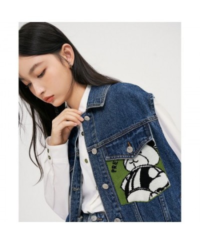 Women Vest Coats 2022 Autumn Sleeveless Polo Neck Loose Denim Jacket Knit Bear Print Blue Casual Streetwear Outwear $84.16 - ...