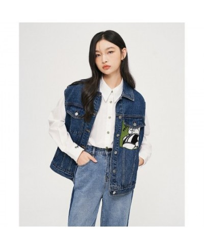 Women Vest Coats 2022 Autumn Sleeveless Polo Neck Loose Denim Jacket Knit Bear Print Blue Casual Streetwear Outwear $84.16 - ...