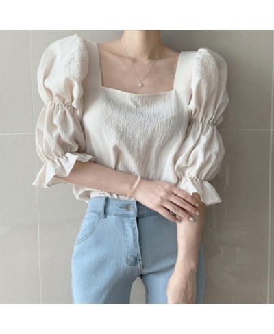 Summer Women French Blouses Slimming Square Collar Exposed Clavicle Puff Sleeve Chiffon Shirt $28.47 - Blouses & Shirts