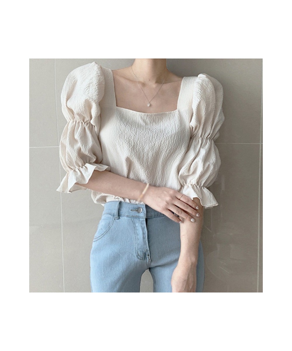 Summer Women French Blouses Slimming Square Collar Exposed Clavicle Puff Sleeve Chiffon Shirt $28.47 - Blouses & Shirts