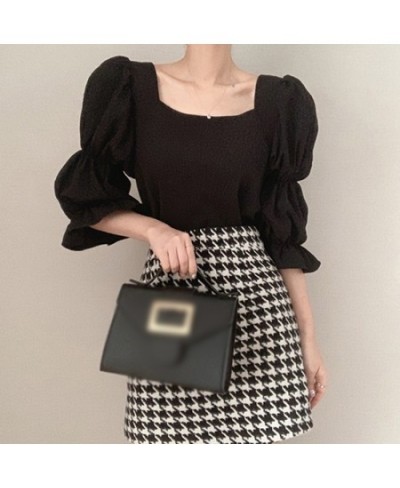 Summer Women French Blouses Slimming Square Collar Exposed Clavicle Puff Sleeve Chiffon Shirt $28.47 - Blouses & Shirts