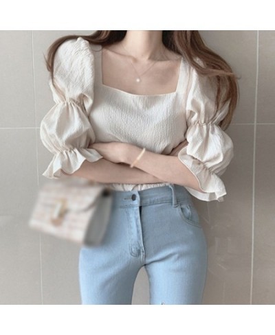 Summer Women French Blouses Slimming Square Collar Exposed Clavicle Puff Sleeve Chiffon Shirt $28.47 - Blouses & Shirts