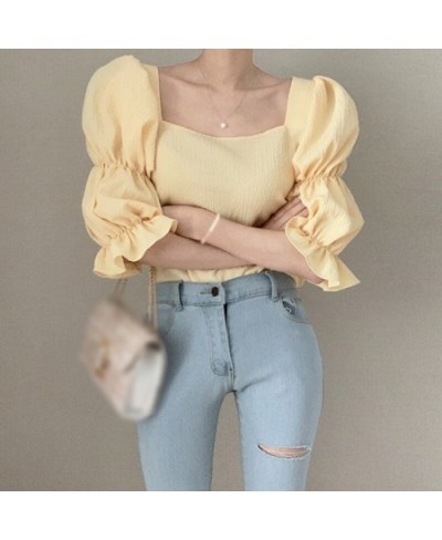 Summer Women French Blouses Slimming Square Collar Exposed Clavicle Puff Sleeve Chiffon Shirt $28.47 - Blouses & Shirts