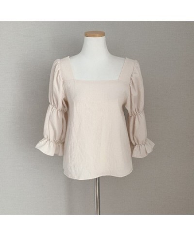 Summer Women French Blouses Slimming Square Collar Exposed Clavicle Puff Sleeve Chiffon Shirt $28.47 - Blouses & Shirts