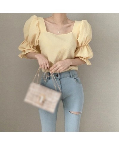 Summer Women French Blouses Slimming Square Collar Exposed Clavicle Puff Sleeve Chiffon Shirt $28.47 - Blouses & Shirts