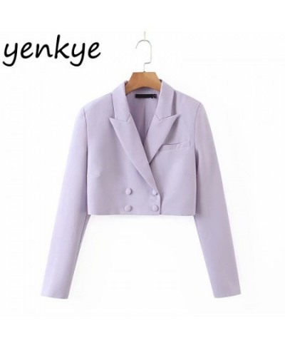 Fall Women Cropped Blazer Vintage Solid Color Long Sleeve Notched Collar Double Breasted Elegant Office Jacket Fashion Suits ...