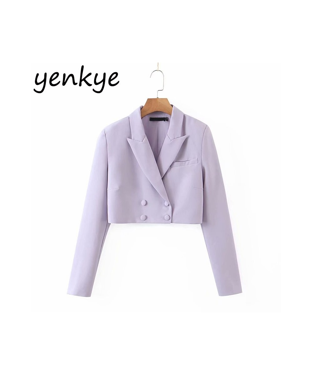 Fall Women Cropped Blazer Vintage Solid Color Long Sleeve Notched Collar Double Breasted Elegant Office Jacket Fashion Suits ...