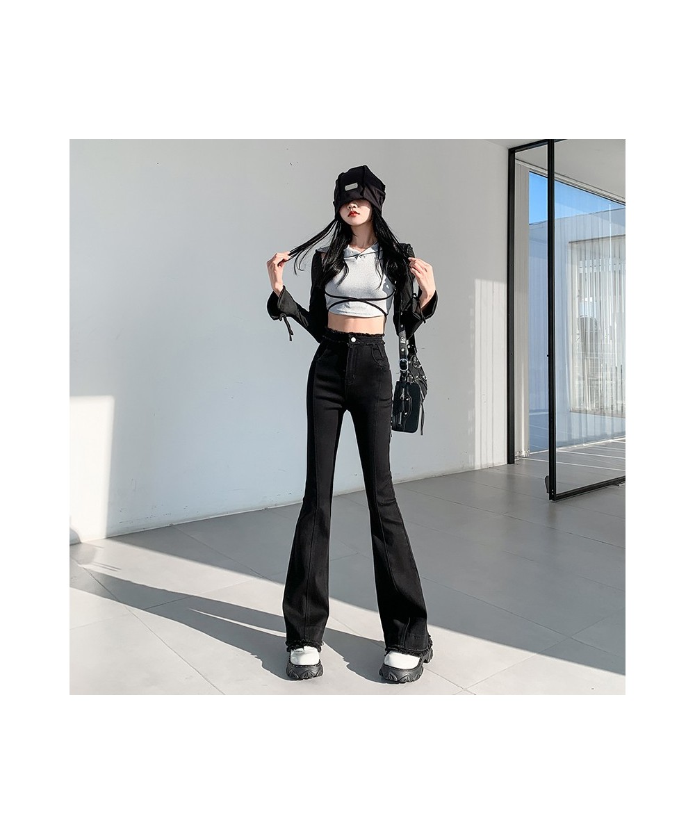 Y2K Spring Female Denim Trousers New Fashion Spliced High Waist Flare Pants Tassels Ankle Full Length Jeans Black Blue $47.95...