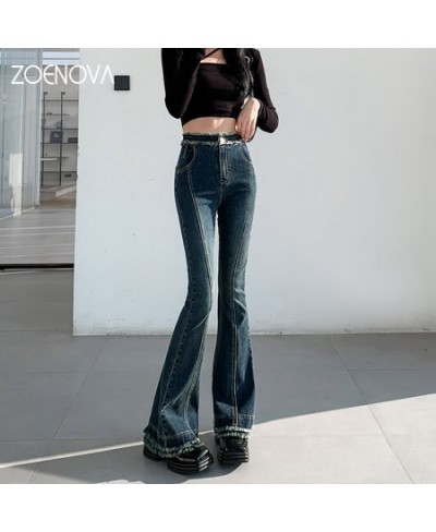 Y2K Spring Female Denim Trousers New Fashion Spliced High Waist Flare Pants Tassels Ankle Full Length Jeans Black Blue $47.95...