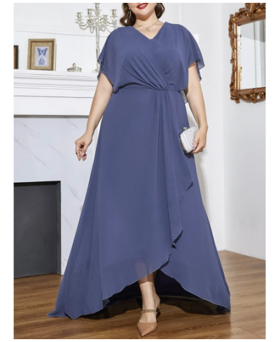 Plus Size V Neck Short Sleeve Chiffon Dress 5XL 6XL Loose Ruffle Blue Elegant Commuter Long Dress Plus Size Women $55.66 - Pl...