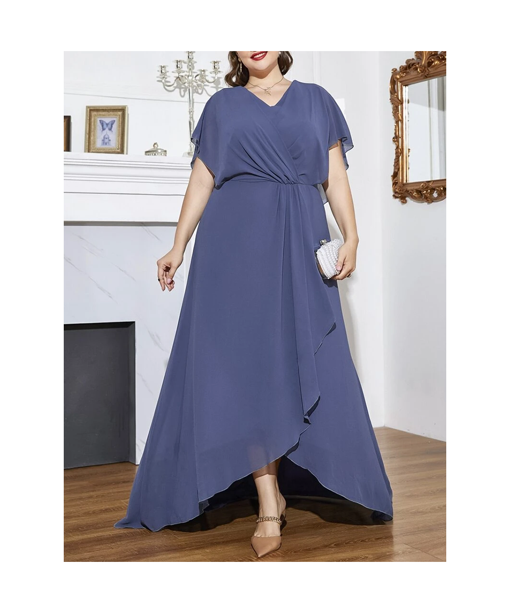 Plus Size V Neck Short Sleeve Chiffon Dress 5XL 6XL Loose Ruffle Blue Elegant Commuter Long Dress Plus Size Women $55.66 - Pl...