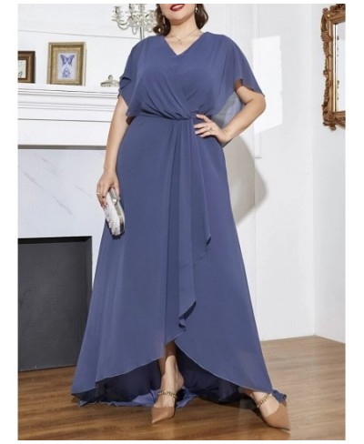 Plus Size V Neck Short Sleeve Chiffon Dress 5XL 6XL Loose Ruffle Blue Elegant Commuter Long Dress Plus Size Women $55.66 - Pl...