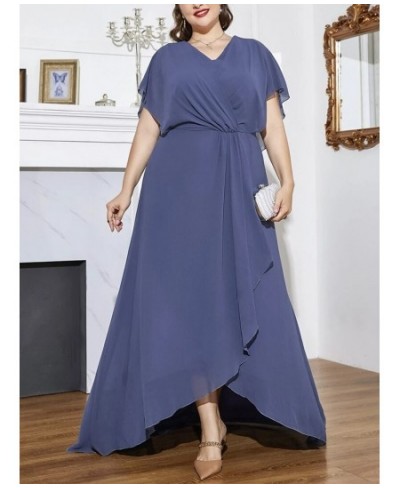 Plus Size V Neck Short Sleeve Chiffon Dress 5XL 6XL Loose Ruffle Blue Elegant Commuter Long Dress Plus Size Women $55.66 - Pl...