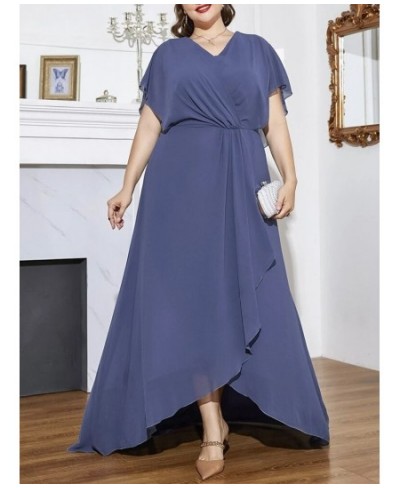 Plus Size V Neck Short Sleeve Chiffon Dress 5XL 6XL Loose Ruffle Blue Elegant Commuter Long Dress Plus Size Women $55.66 - Pl...