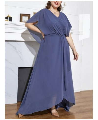 Plus Size V Neck Short Sleeve Chiffon Dress 5XL 6XL Loose Ruffle Blue Elegant Commuter Long Dress Plus Size Women $55.66 - Pl...