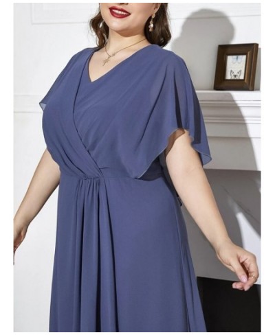 Plus Size V Neck Short Sleeve Chiffon Dress 5XL 6XL Loose Ruffle Blue Elegant Commuter Long Dress Plus Size Women $55.66 - Pl...