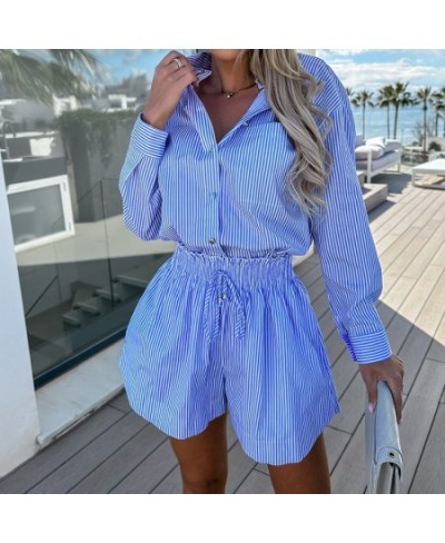 Fashion Striped Print Shirt Outfits Elegant Lapel Collar Button Tops & Short Pant Suit Women Casual Long Sleeve Two Piece Set...