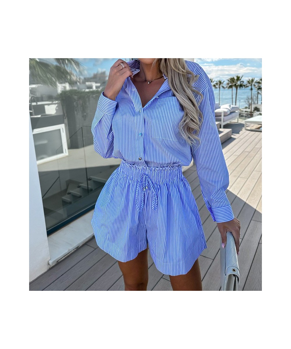 Fashion Striped Print Shirt Outfits Elegant Lapel Collar Button Tops & Short Pant Suit Women Casual Long Sleeve Two Piece Set...