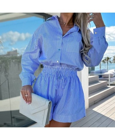 Fashion Striped Print Shirt Outfits Elegant Lapel Collar Button Tops & Short Pant Suit Women Casual Long Sleeve Two Piece Set...