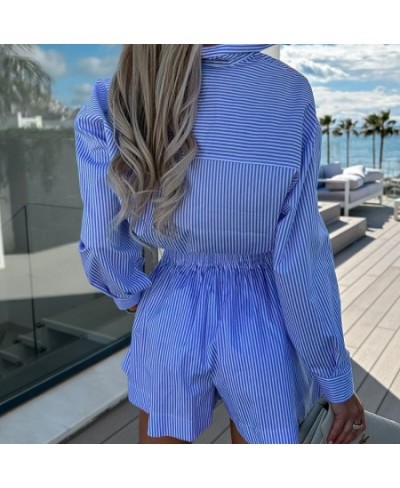 Fashion Striped Print Shirt Outfits Elegant Lapel Collar Button Tops & Short Pant Suit Women Casual Long Sleeve Two Piece Set...