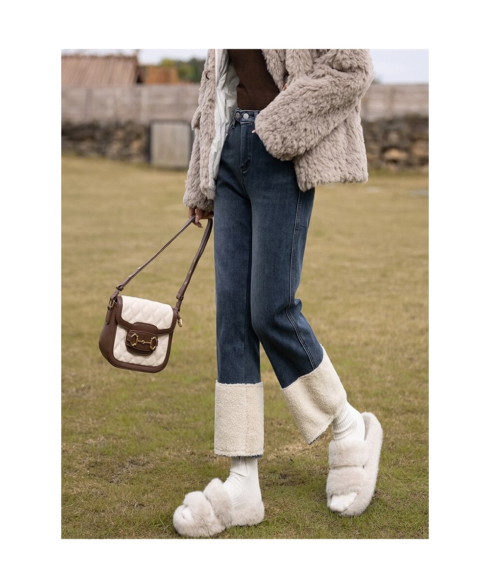 High-waist Fleece Jeans 2022 Winter Slim Warm Lamb Wool Stitching Denim Pants Straight Ankle-Length Bottoms MXB48K0730 $94.16...