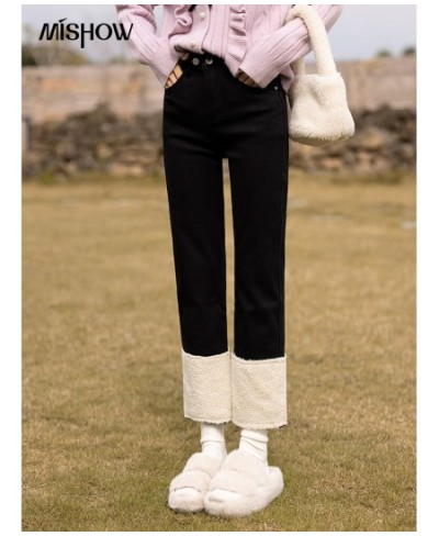 High-waist Fleece Jeans 2022 Winter Slim Warm Lamb Wool Stitching Denim Pants Straight Ankle-Length Bottoms MXB48K0730 $94.16...