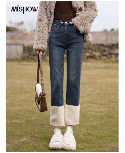 High-waist Fleece Jeans 2022 Winter Slim Warm Lamb Wool Stitching Denim Pants Straight Ankle-Length Bottoms MXB48K0730 $94.16...