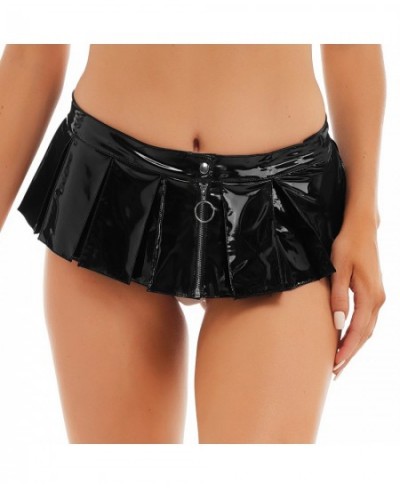 Women Wet Look Patent Leather Pleated Skirts Costumes Front Zipper Mini Skirt for Ladies Nightclub Raves Pole Dance Performan...