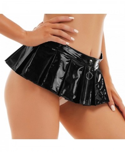 Women Wet Look Patent Leather Pleated Skirts Costumes Front Zipper Mini Skirt for Ladies Nightclub Raves Pole Dance Performan...