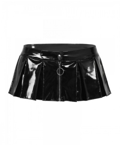 Women Wet Look Patent Leather Pleated Skirts Costumes Front Zipper Mini Skirt for Ladies Nightclub Raves Pole Dance Performan...