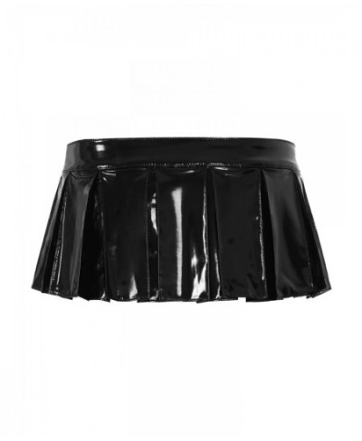 Women Wet Look Patent Leather Pleated Skirts Costumes Front Zipper Mini Skirt for Ladies Nightclub Raves Pole Dance Performan...