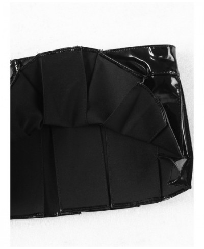 Women Wet Look Patent Leather Pleated Skirts Costumes Front Zipper Mini Skirt for Ladies Nightclub Raves Pole Dance Performan...