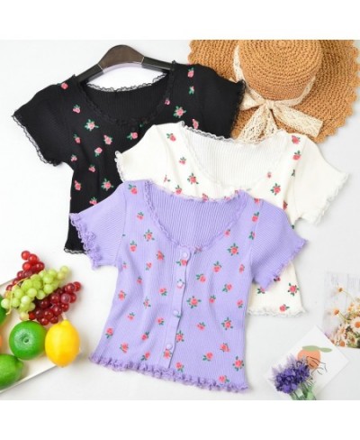 Knitted T-shirts Women Buttoend Up Flounce Hem T-Shirts Floral Printed Top Casual Cute Women T-Shirts 2023 Summer $20.77 - To...