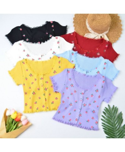 Knitted T-shirts Women Buttoend Up Flounce Hem T-Shirts Floral Printed Top Casual Cute Women T-Shirts 2023 Summer $20.77 - To...