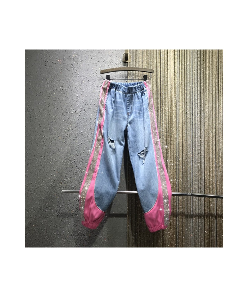 Rhinestone Color Matching Ankle-Tied Harem Jeans Women Elastic Waist Slimming Denim Baggy Pants 2022 Summer New Pantalones $7...