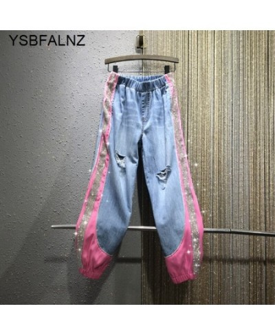 Rhinestone Color Matching Ankle-Tied Harem Jeans Women Elastic Waist Slimming Denim Baggy Pants 2022 Summer New Pantalones $7...