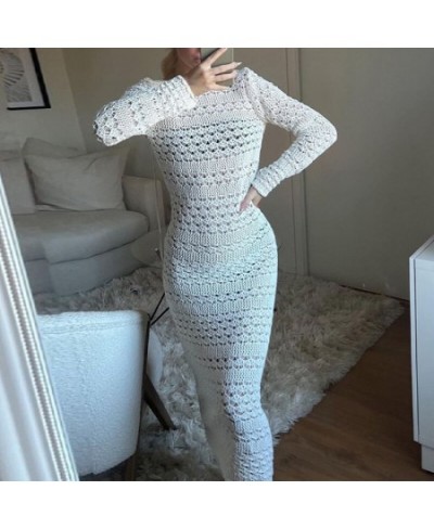 Autumn Lady Chic Crochet Knit Maxi Dress 2022 Sexy O-Neck Hollow Out Party Dress Fashion Backless Lace Up Long Sleeve Cover U...