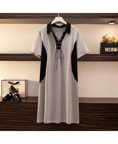 New 2022 Summer Plus Size Dress For Women Large Size Loose Short Sleeve Gray Cotton V-neck Midi Dress 3XL 4XL 5XL 6XL 7XL $61...