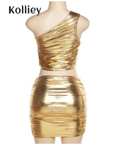 Spring Two 2 Piece Sets Womens Club Outifits Pleated Skew Collar Sleeveless Crop Top Bodycon Skirts Gold Matching Sets $33.22...