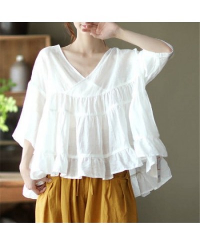 Cotton Linen Solid Color Retro Simple Blouse Shirts Women Summer Casual Ruffle V-neck Half Sleeve Loose Top Female Clothing $...