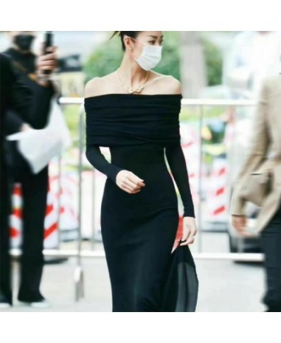 Elegant Black Party Dresses Women Evening Off The Shoulder Flare Hem Long Sleeve Maxi Dress French Style N33-CE27 $33.86 - Dr...