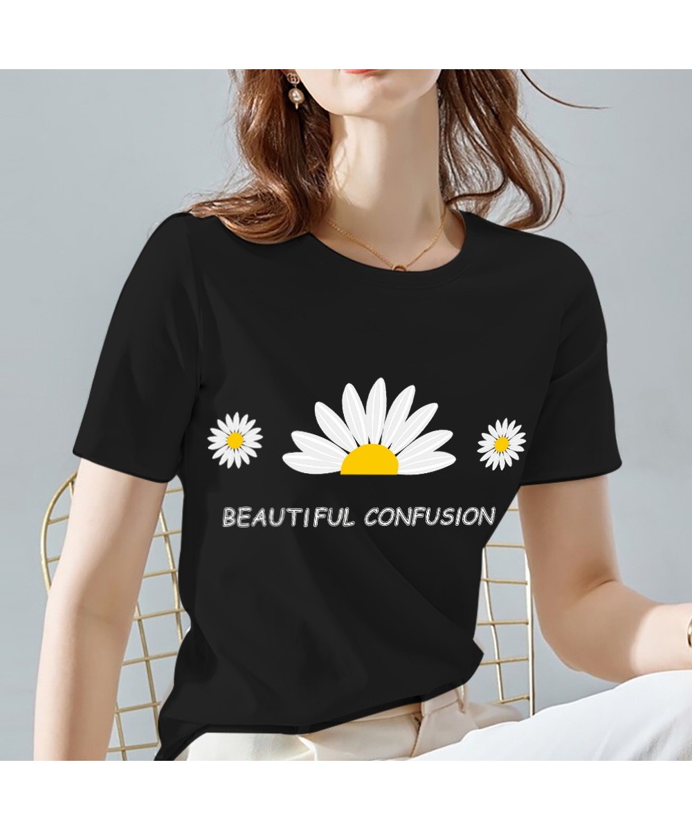 Summer Women's T-shirt Black Classic Female Tops Fashion Daisy Pattern Print Series O-neck Lady Short Sleeve Tees Women Cloth...