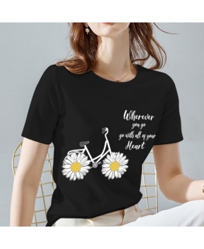 Summer Women's T-shirt Black Classic Female Tops Fashion Daisy Pattern Print Series O-neck Lady Short Sleeve Tees Women Cloth...