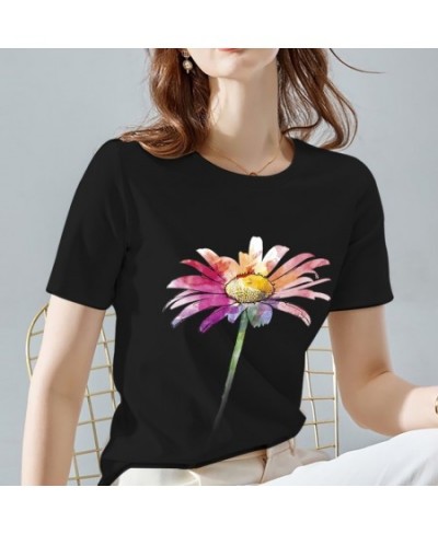 Summer Women's T-shirt Black Classic Female Tops Fashion Daisy Pattern Print Series O-neck Lady Short Sleeve Tees Women Cloth...