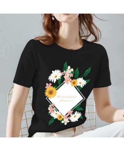 Summer Women's T-shirt Black Classic Female Tops Fashion Daisy Pattern Print Series O-neck Lady Short Sleeve Tees Women Cloth...