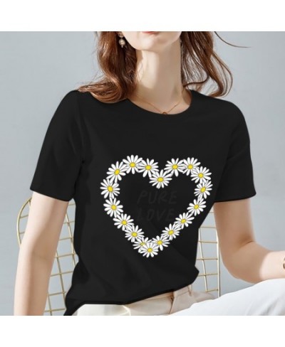 Summer Women's T-shirt Black Classic Female Tops Fashion Daisy Pattern Print Series O-neck Lady Short Sleeve Tees Women Cloth...