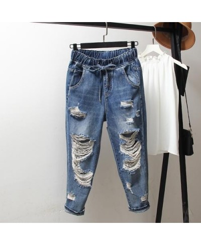 Summer Korea Fashion Women Elastic Waist Loose Jean Capri Pants Vintage Ripped Jeans all-matched Casual Denim Harem Pants S51...