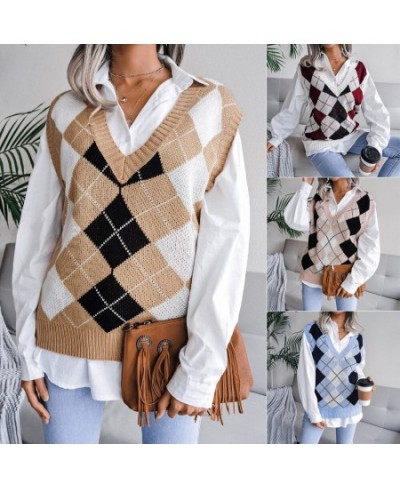 2023 Autumn/Winter Academy Style Diamond V-Neck Casual Loose Knitted Tank Top Sweater Women's Wear $29.74 - Tops & Tees