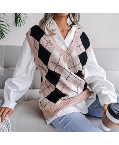 2023 Autumn/Winter Academy Style Diamond V-Neck Casual Loose Knitted Tank Top Sweater Women's Wear $29.74 - Tops & Tees