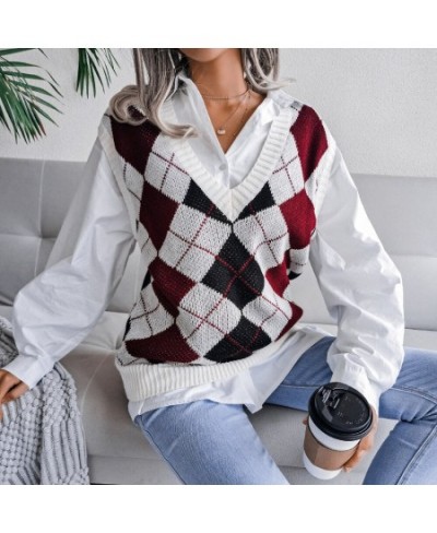 2023 Autumn/Winter Academy Style Diamond V-Neck Casual Loose Knitted Tank Top Sweater Women's Wear $29.74 - Tops & Tees